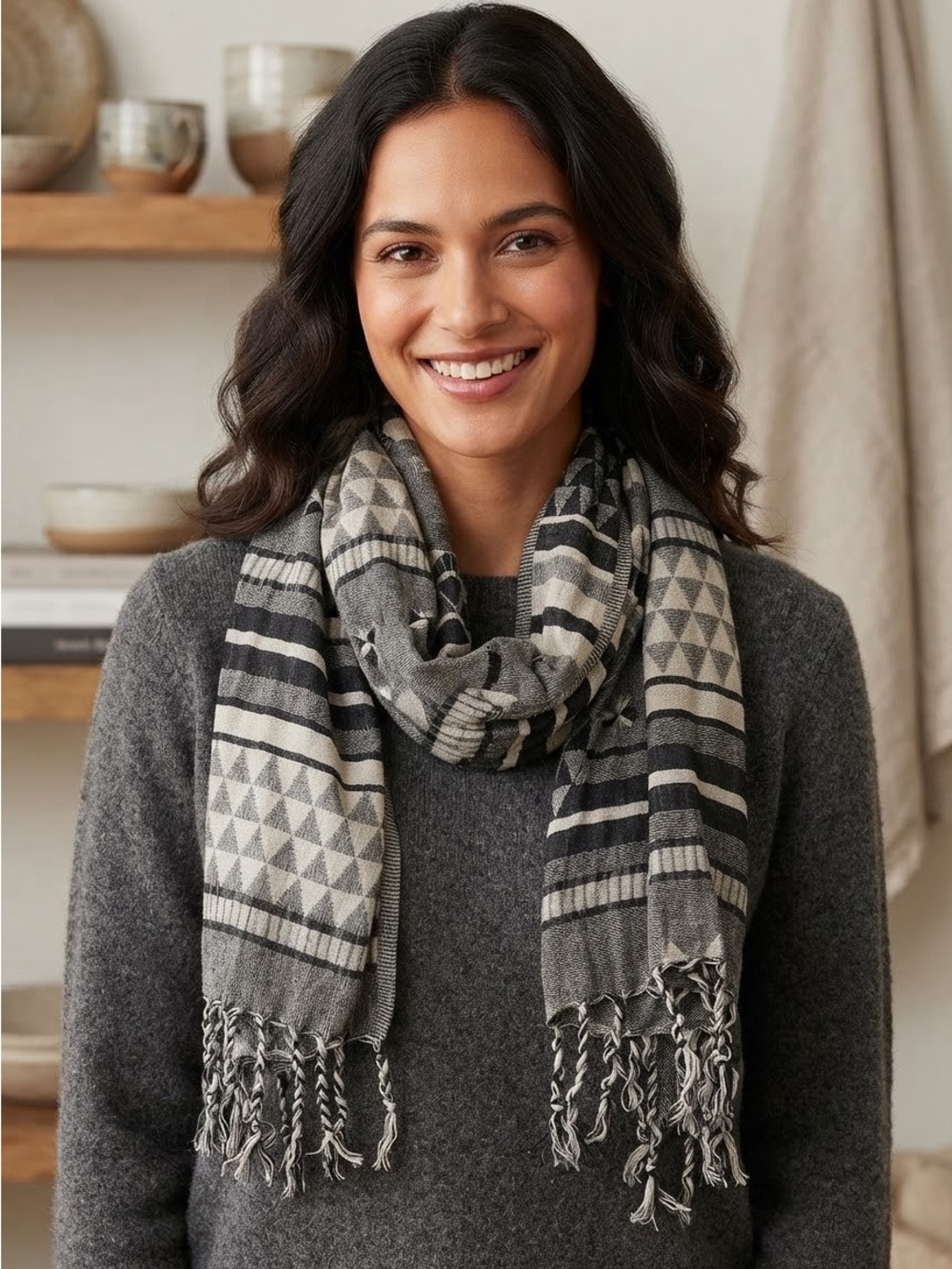 Zara Accessories - 100% cotton Black and Cream large Geometric Fringe wrap Scarf